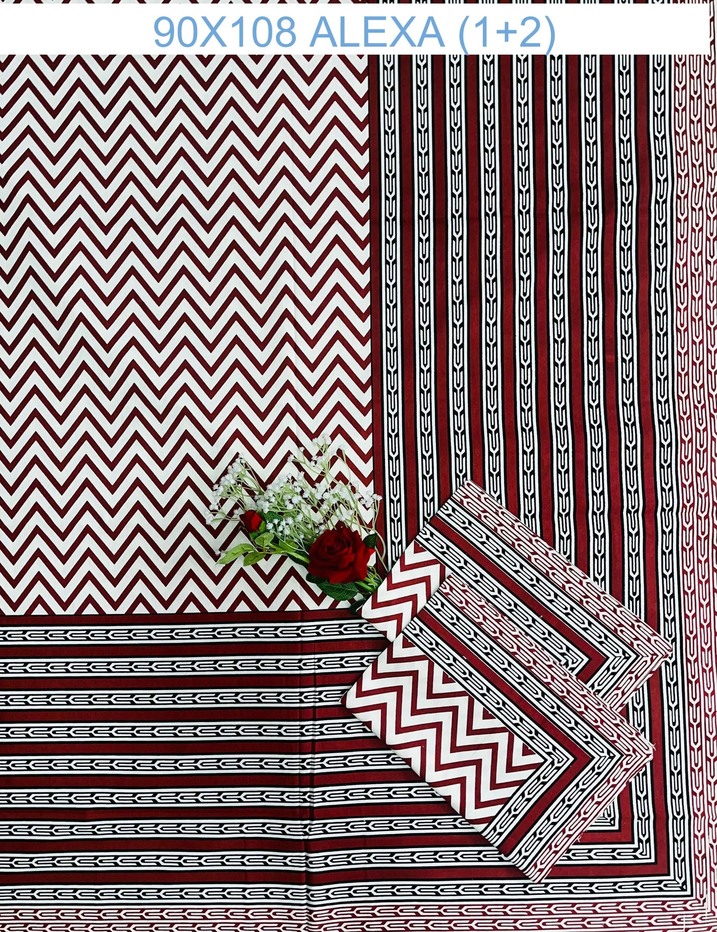 Alexa King Size Maroon Black Printed Bed Sheets with Pillow Covers