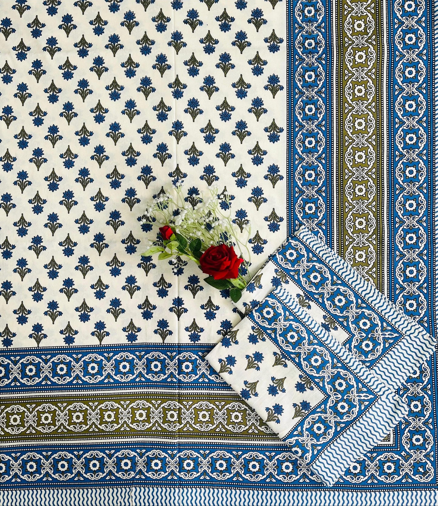 Alexa King Size Yellow Dark Blue Printed Bed Sheets with Pillow Covers