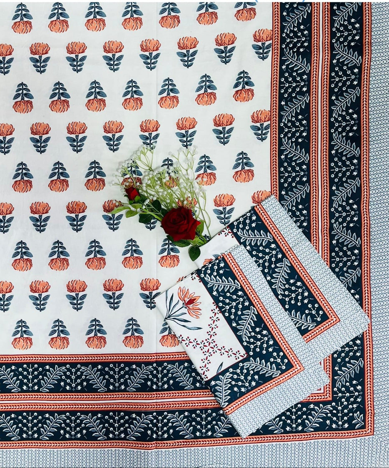 Alexa King Size Orange Blue Floral Beds Sheets with Pillow Covers