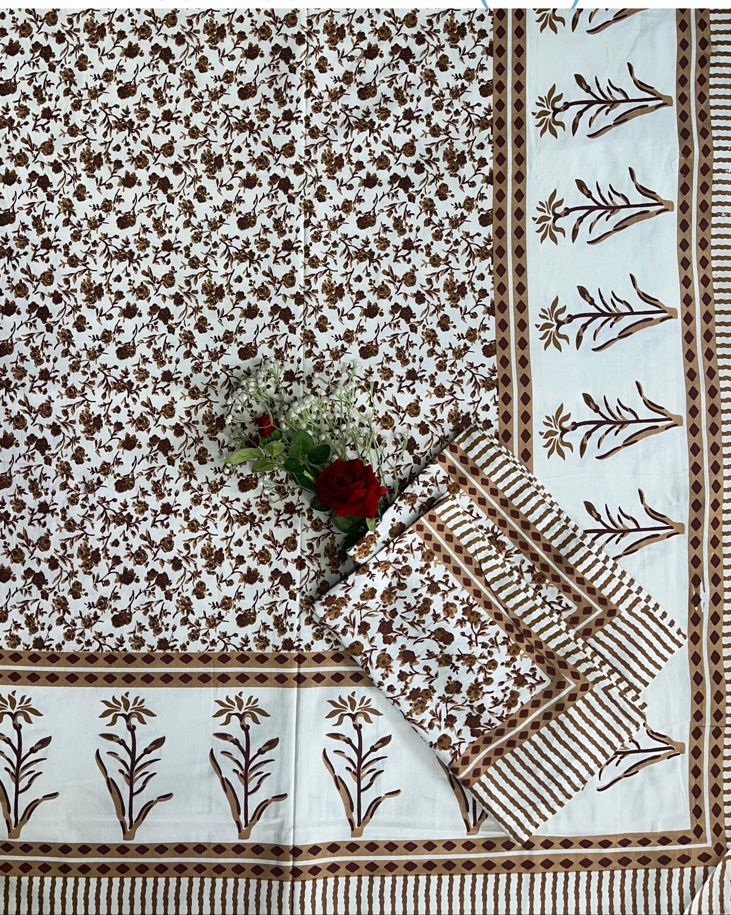 Alexa King Size Brown white Printed Bed Sheets with Pillow Covers