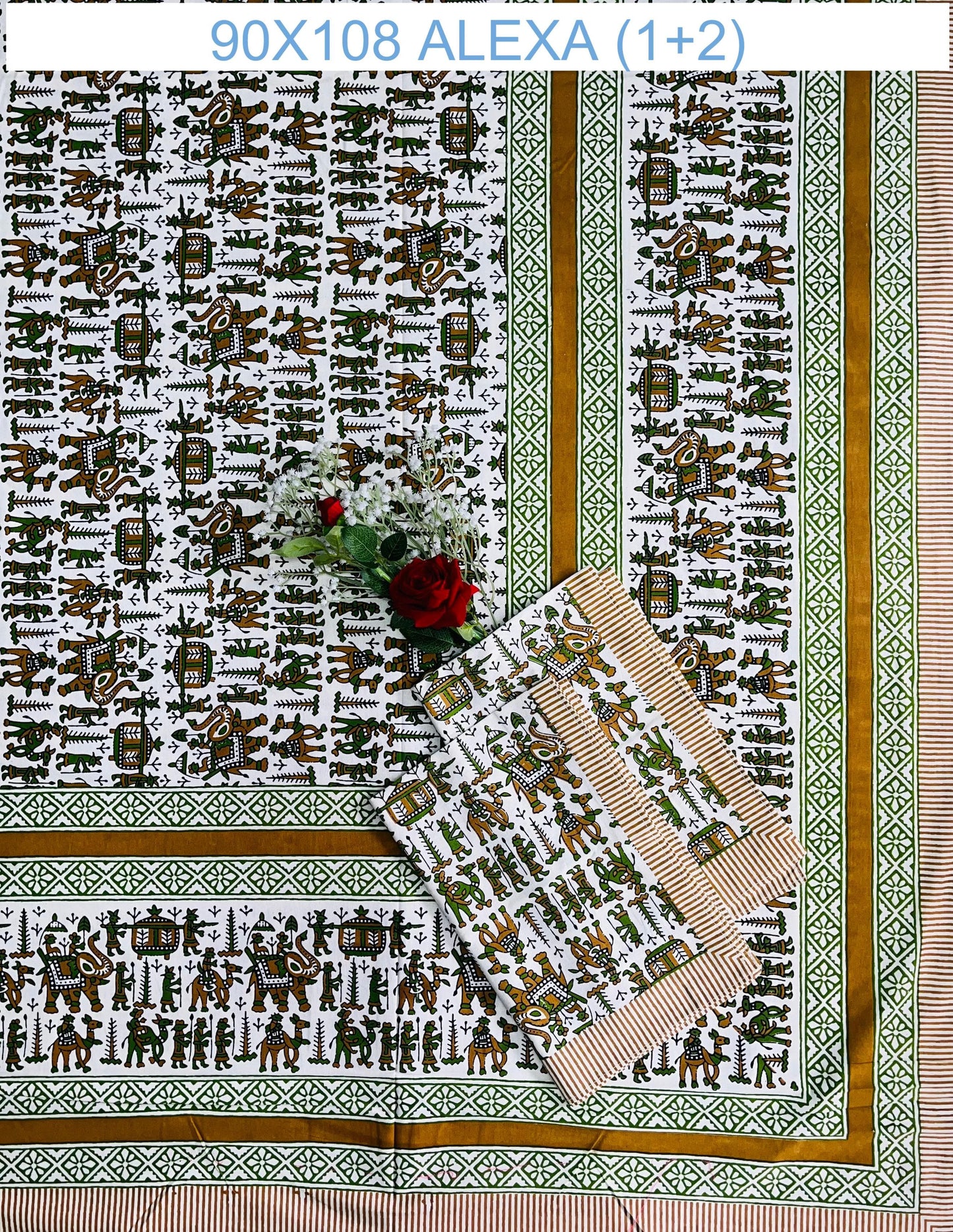 Alexa King Size Olive Green Brown Printed Bed Sheets with Pillow Covers