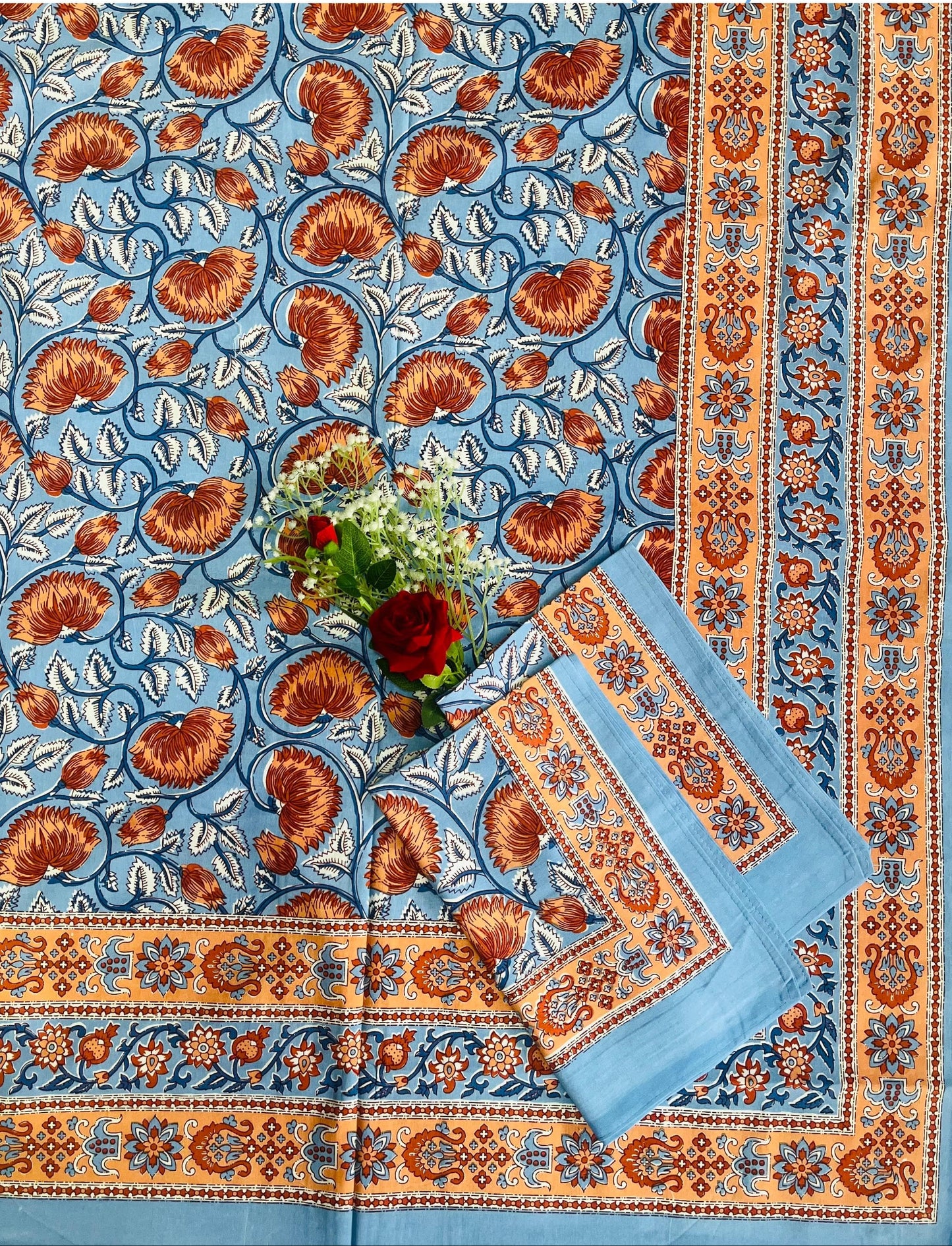 Alexa King Size Rush orange and Blue Printed Bed Sheets with Pillow Covers