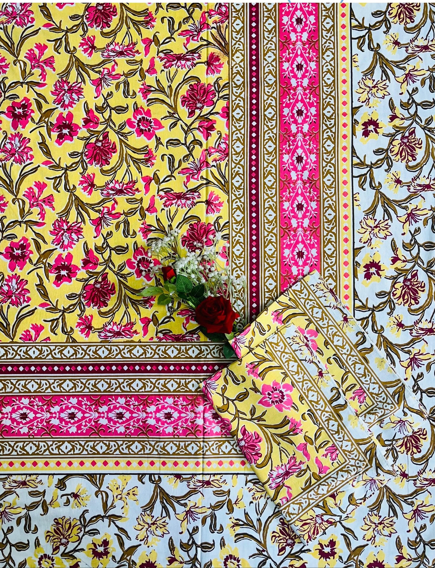 Alexa King Size Yellow and Pink Printed Bed Sheets with Pillow Covers