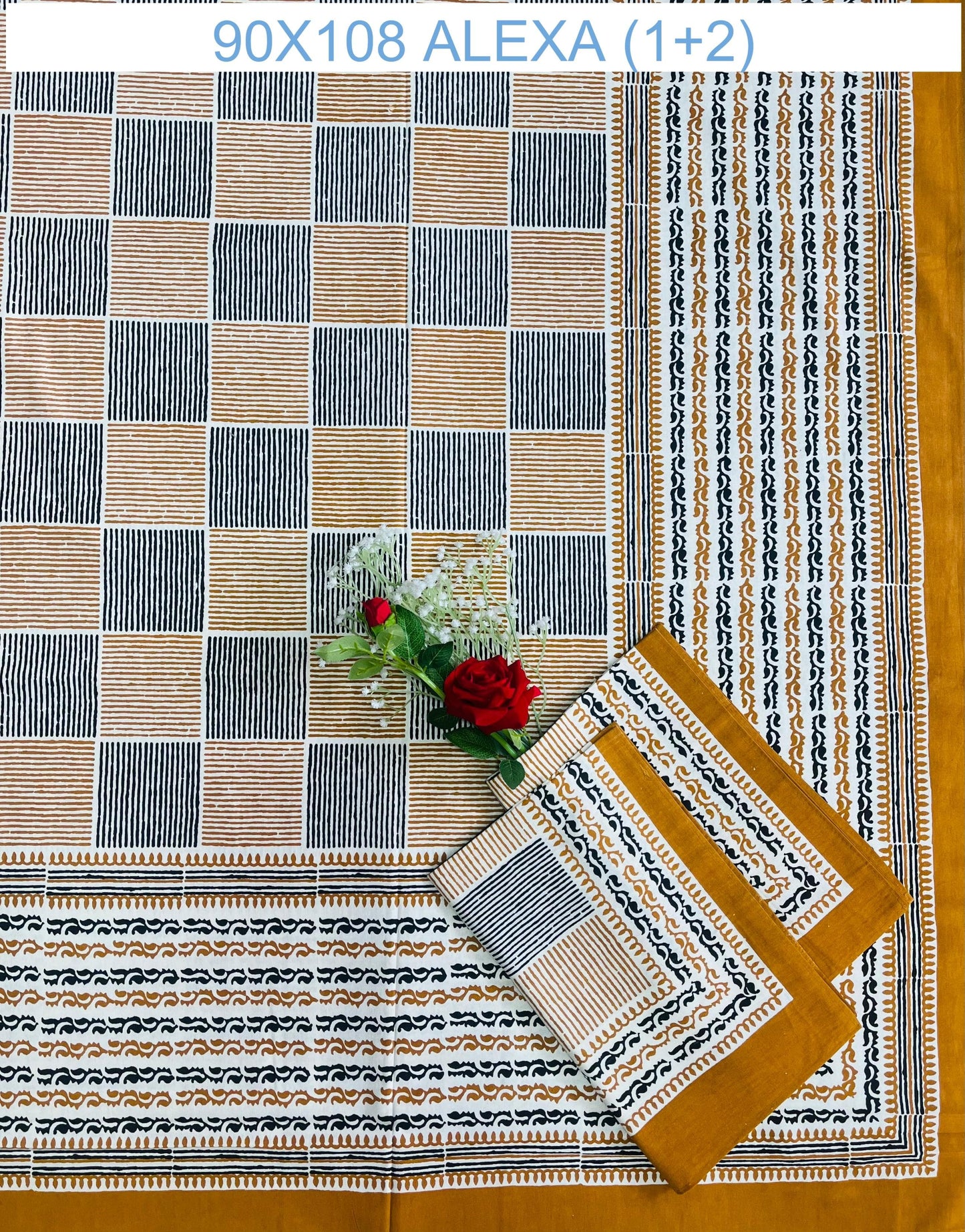 Alexa King Size Dark Yellow black Printed Bed Sheets with Pillow Covers