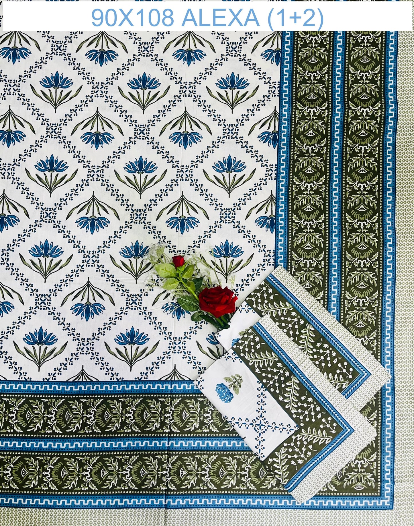 Alexa King Size Blue Green Printed Bed Sheets with Pillow Covers