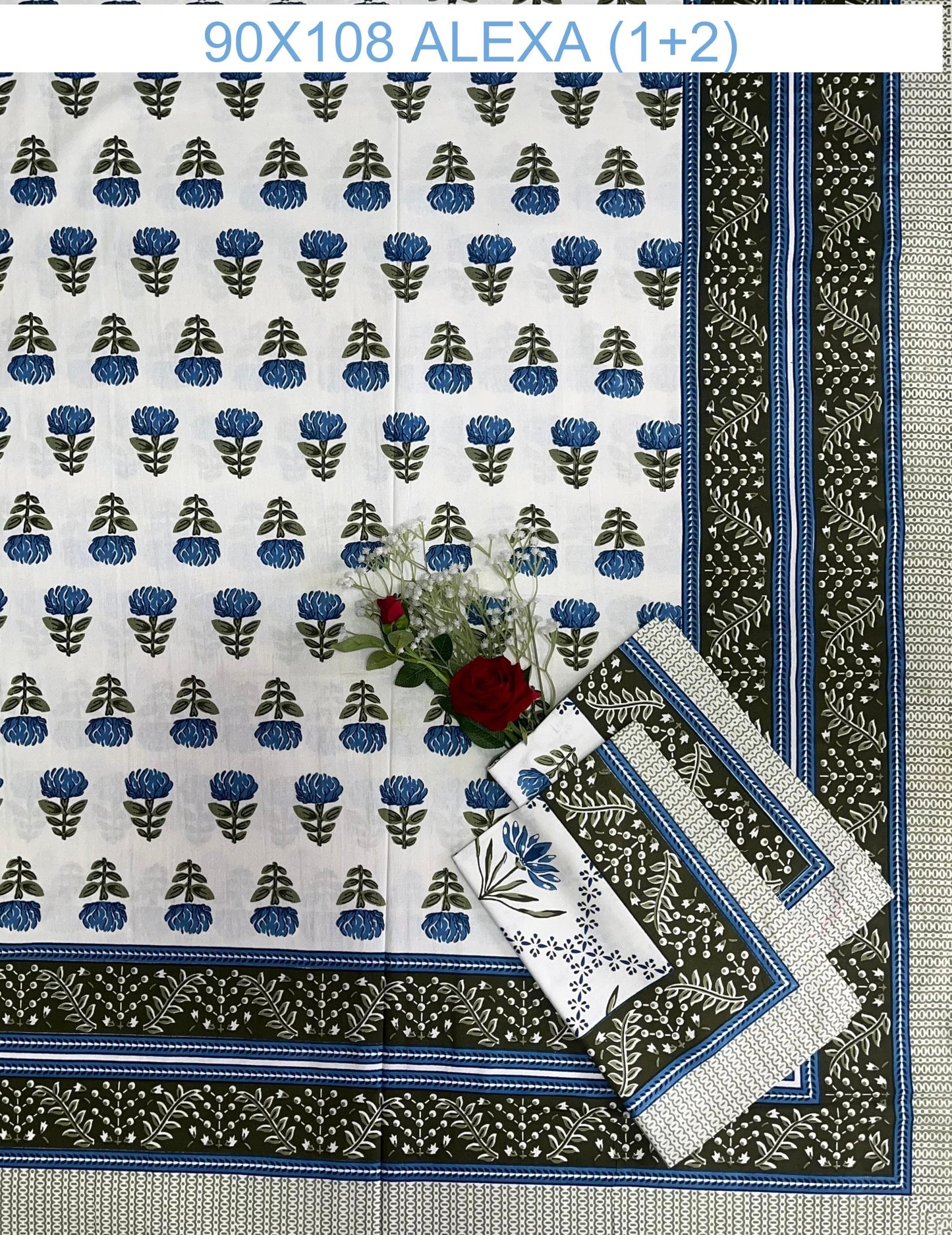 Alexa King Size Green Blue Printed Bed Sheets with Pillow Covers