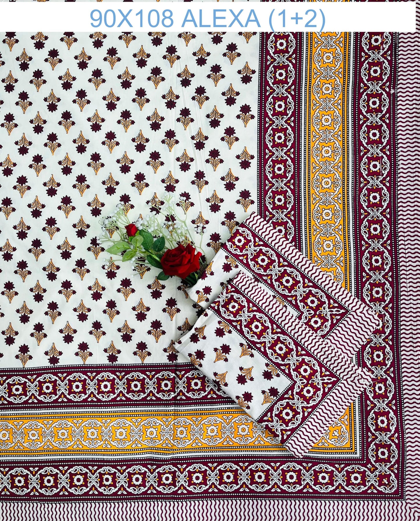 Alexa King Size Maroon Yellow Printed Bed Sheets with Pillow Covers