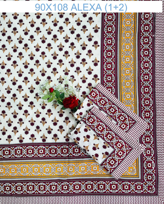 Alexa King Size Maroon Yellow Printed Bed Sheets with Pillow Covers