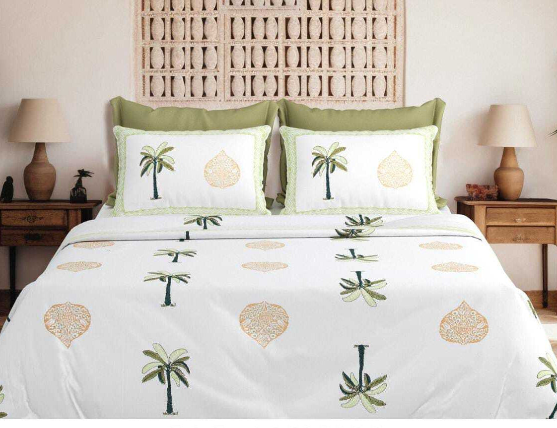 Block Buster Jumbo Size Cotton White Green Printed Premium Bed Sheet