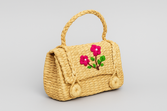 Eastern Craftworks Rectangular Woven Kauna Mini HandBag with Floral Embroidered Lid