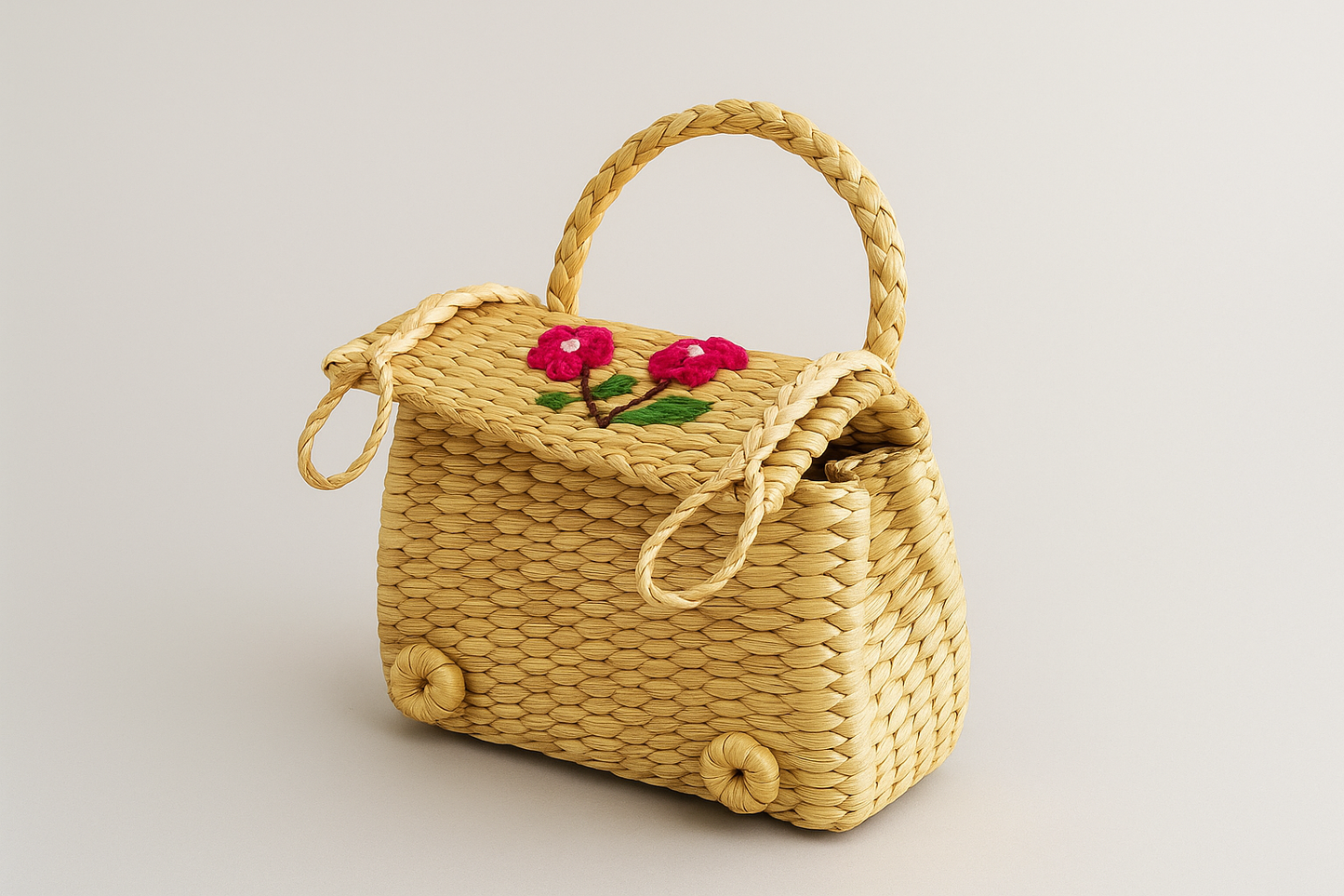 Eastern Craftworks Rectangular Woven Kauna Mini HandBag with Floral Embroidered Lid