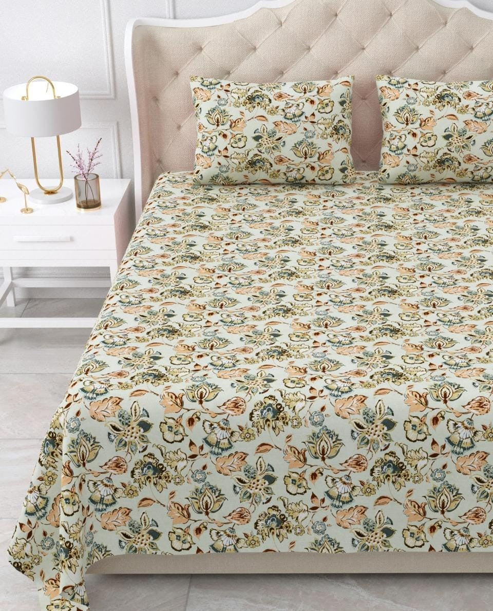 Nidhivan King Size Cotton Light Yellow with Green New Floral Premium Bed Sheet