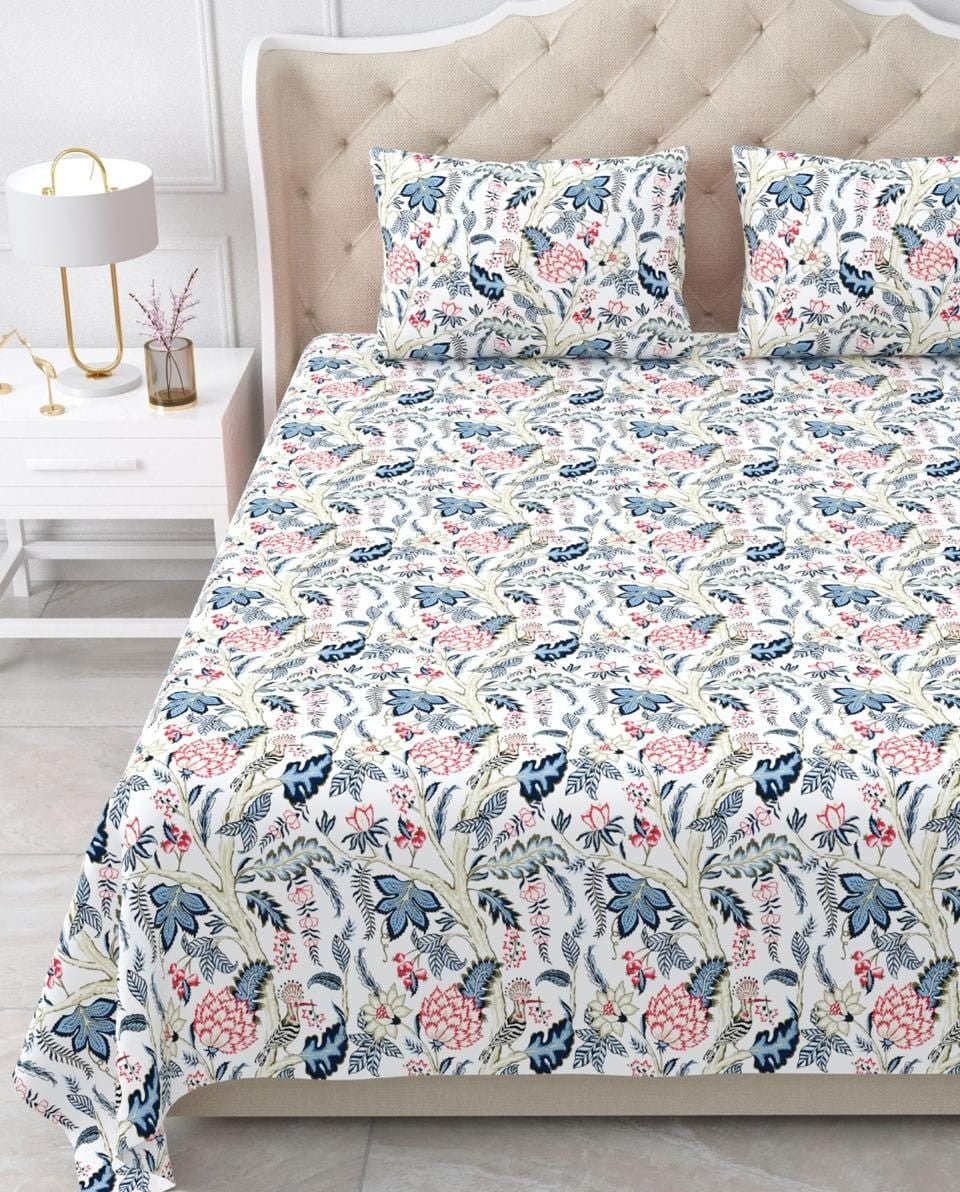 Nidhivan King Size Cotton Dark Blue Floral Premium Bed Sheets with Pillow cases