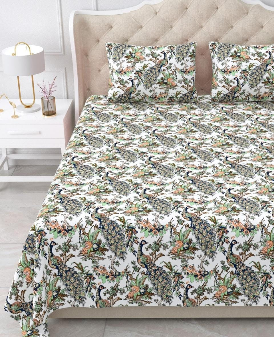Nidhivan King Size Cotton White Green Printed Premium Bed Sheets with Pillow Covers