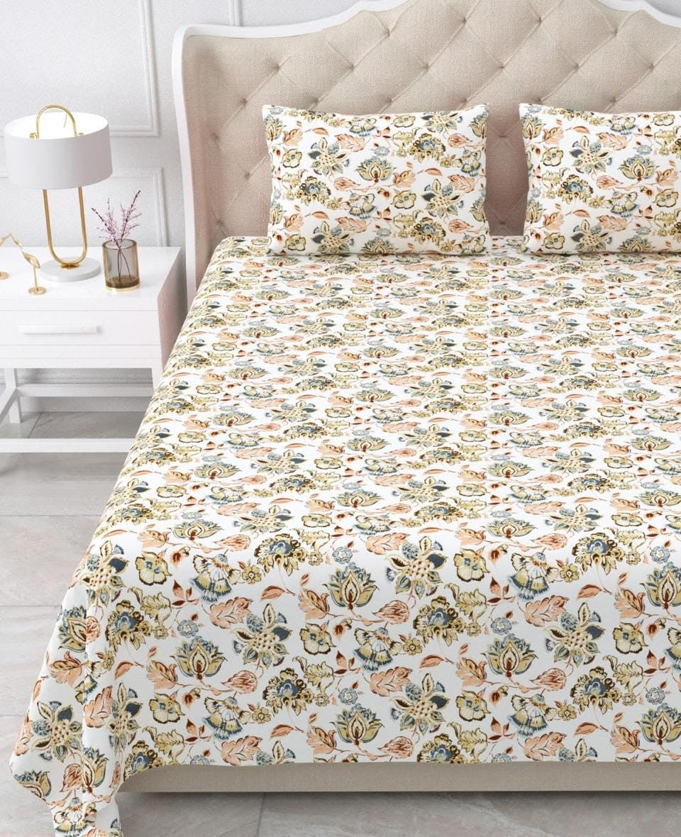 Nidhivan King Size Cotton White Green Floral Bed Sheets with Pillow Covers