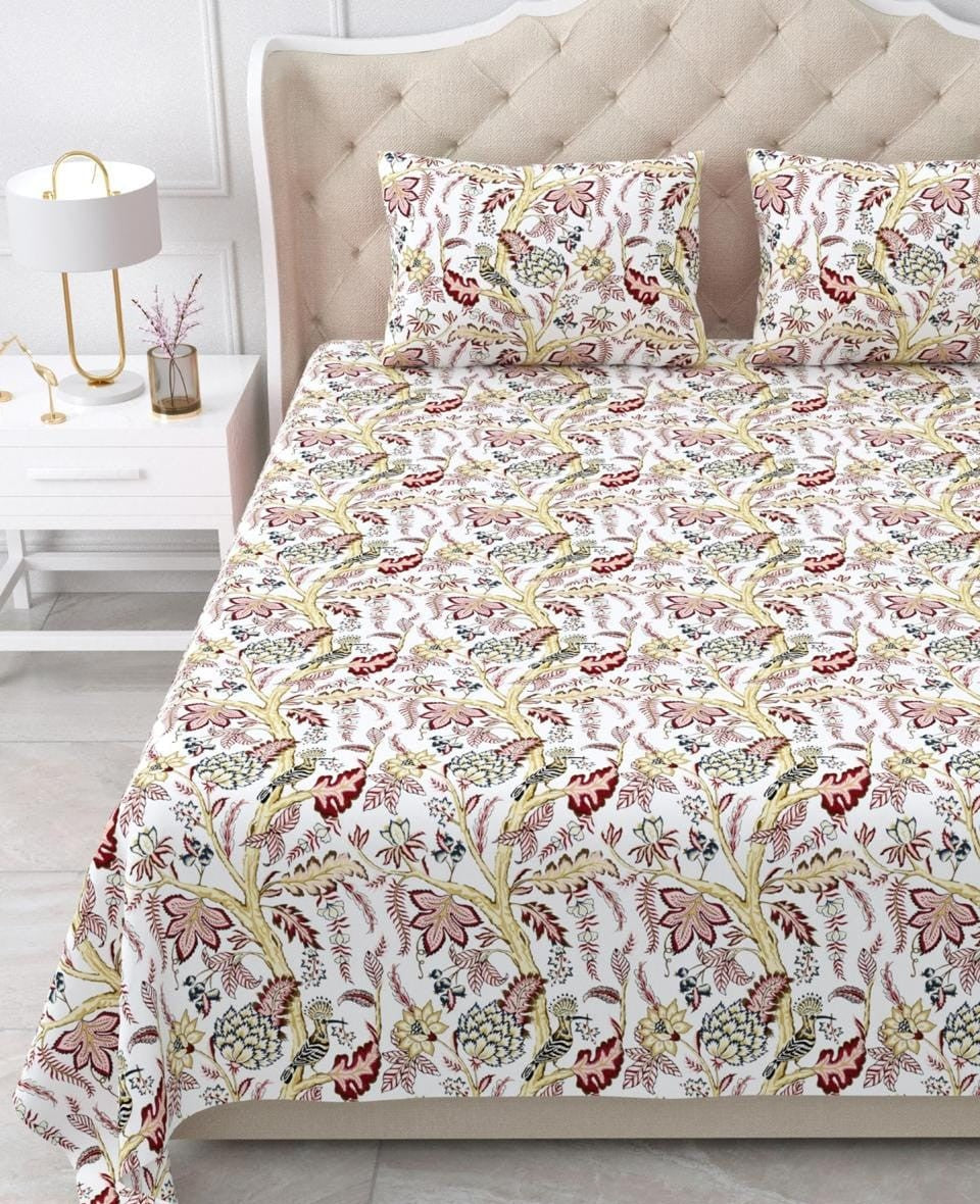Nidhivan King Size Cotton White Maroon Floral Premium Bed Sheets with Pillow cases