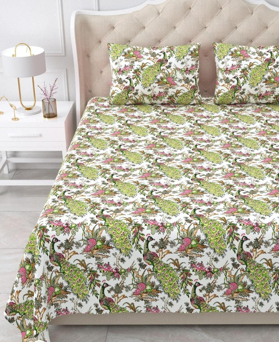 Nidhivan King Size Cotton White Pink Peacock Premium Bed Sheets with Pillow Covers