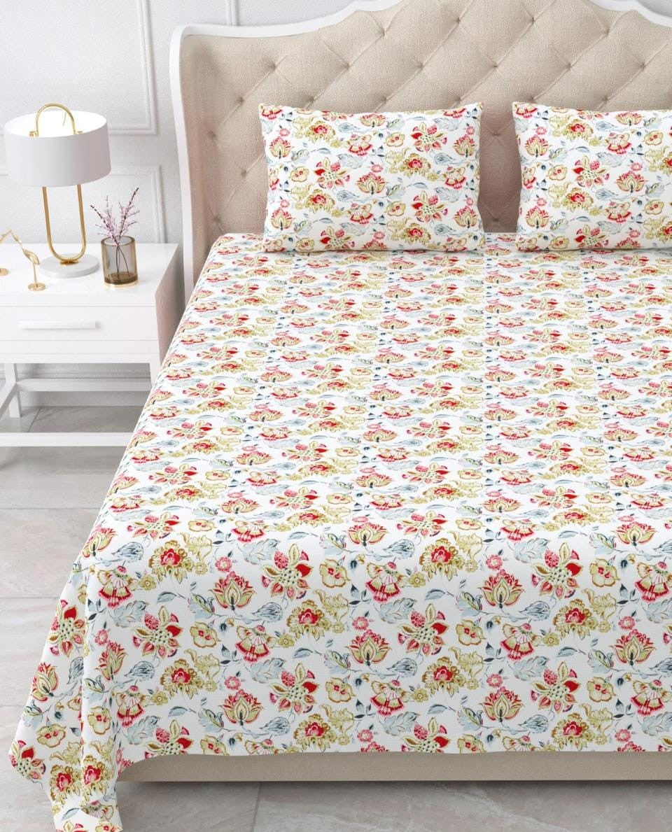 Nidhivan King Size Cotton White with Red Floral printed Premium Bed Sheets