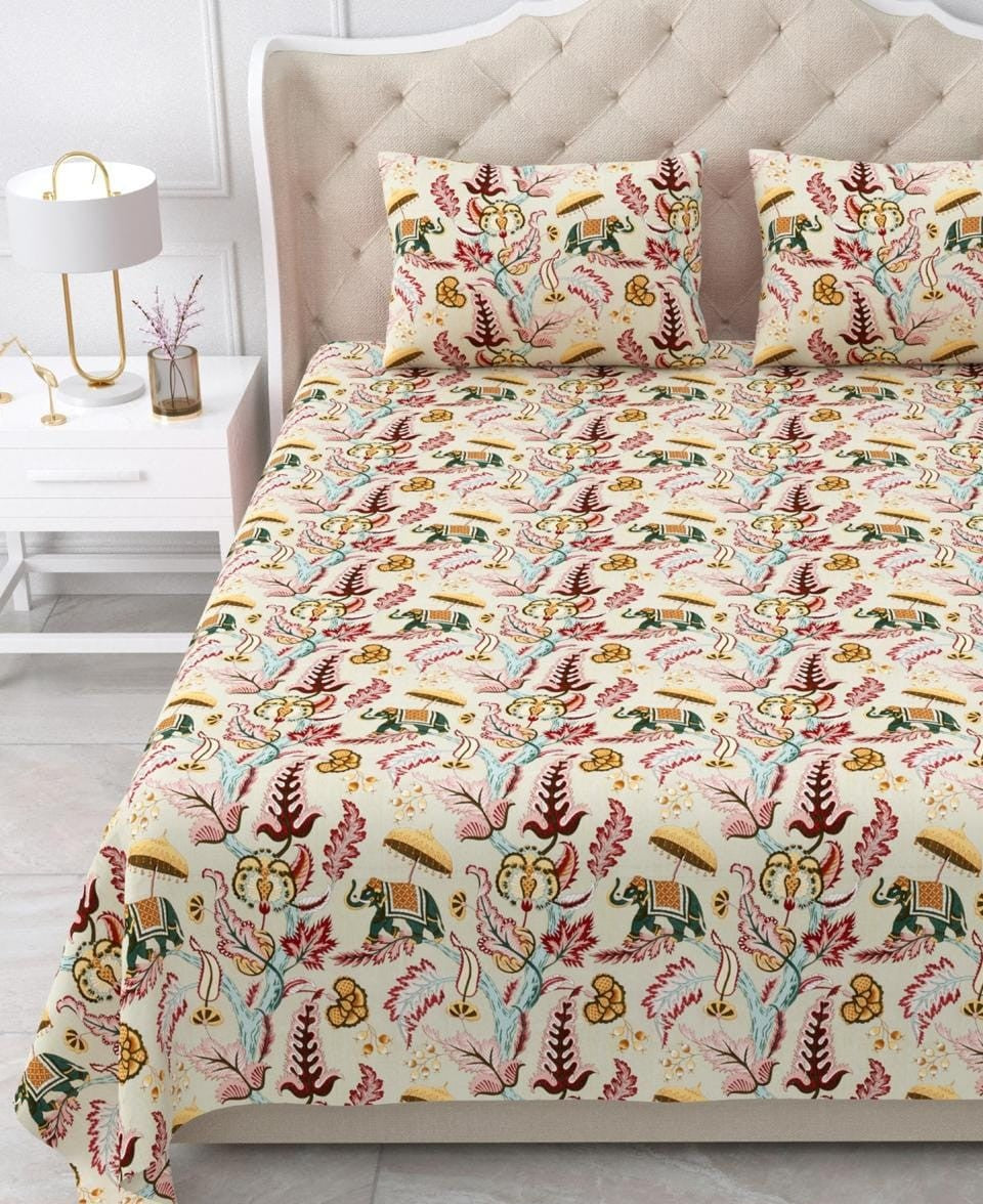 Nidhivan King Size Cotton Yellow with Maroon Animal Printed Premium Bed Sheet