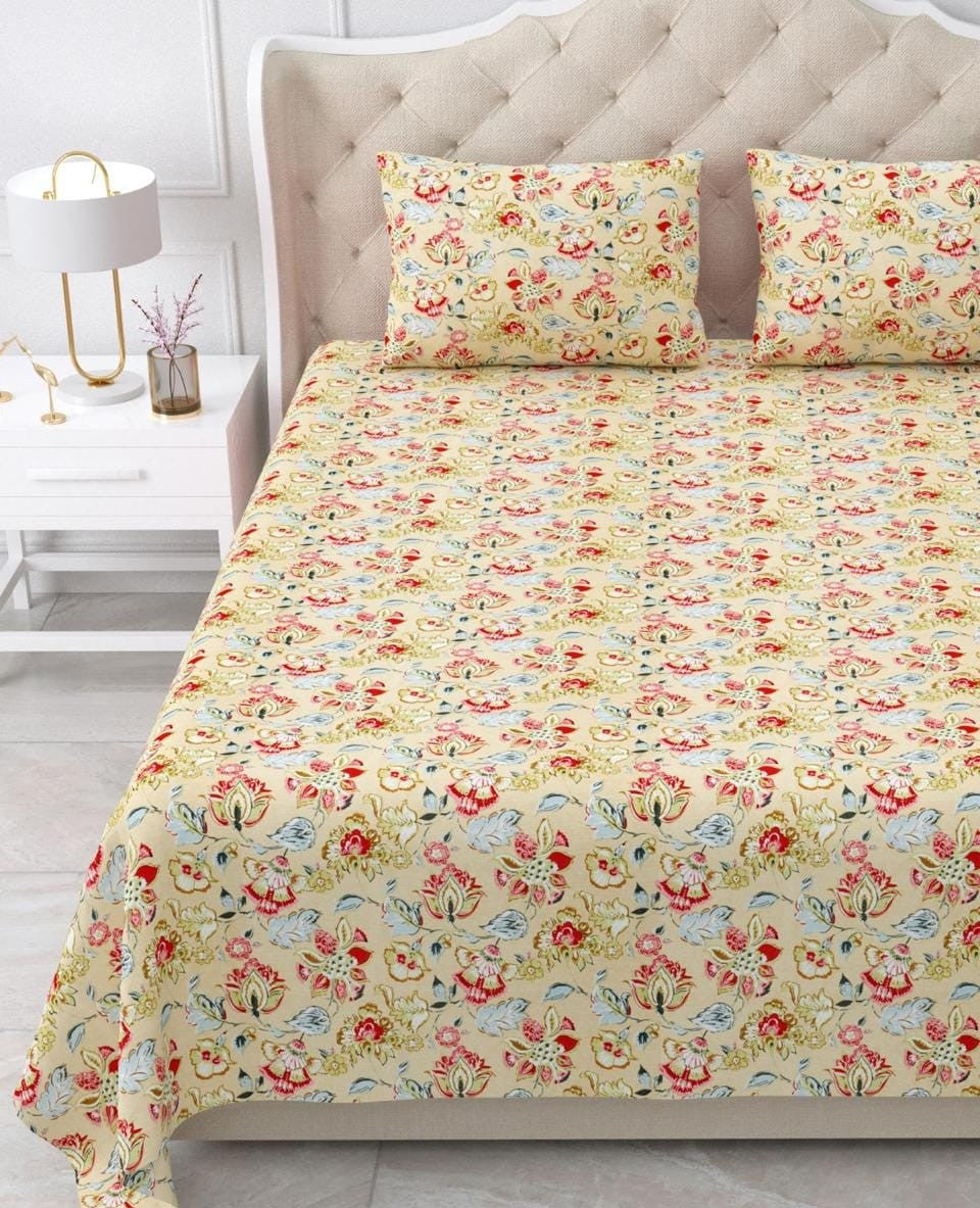 Nidhivan King Size Cotton Yellow Floral Printed Premium Bed Sheet