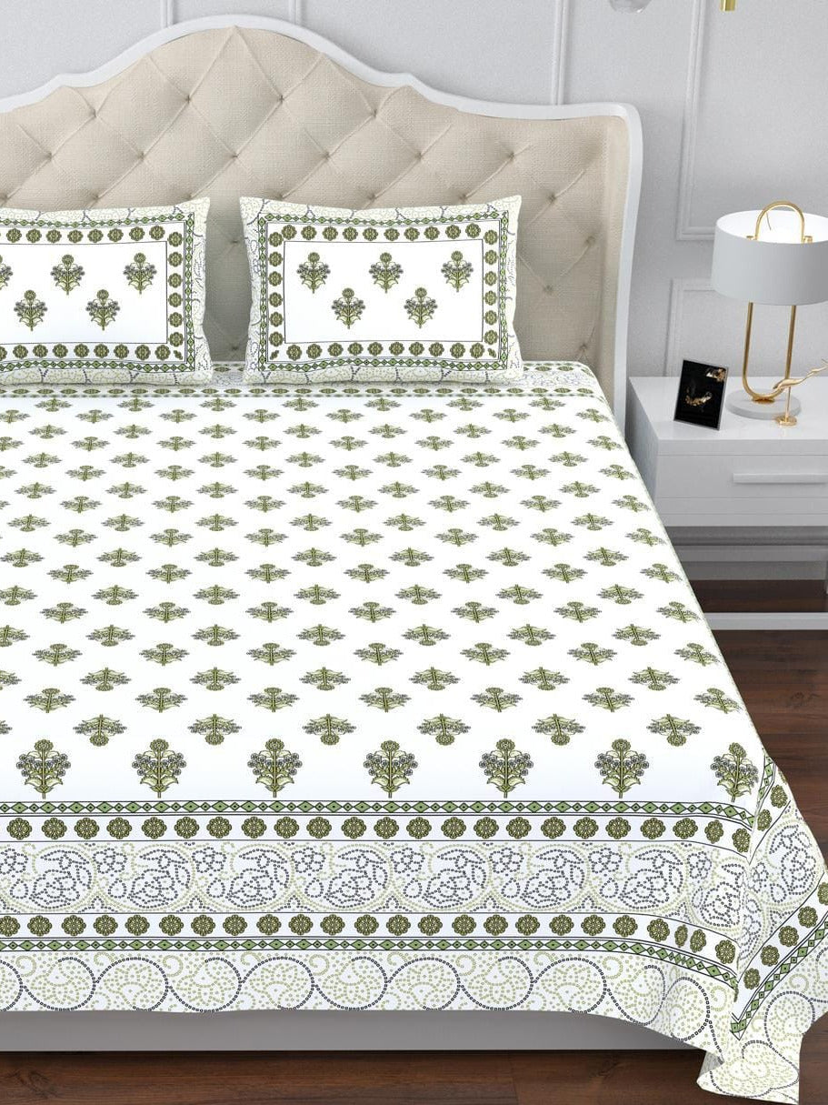 Sindoor King Size Cotton White Green Floral Printed Premium Bed Sheet