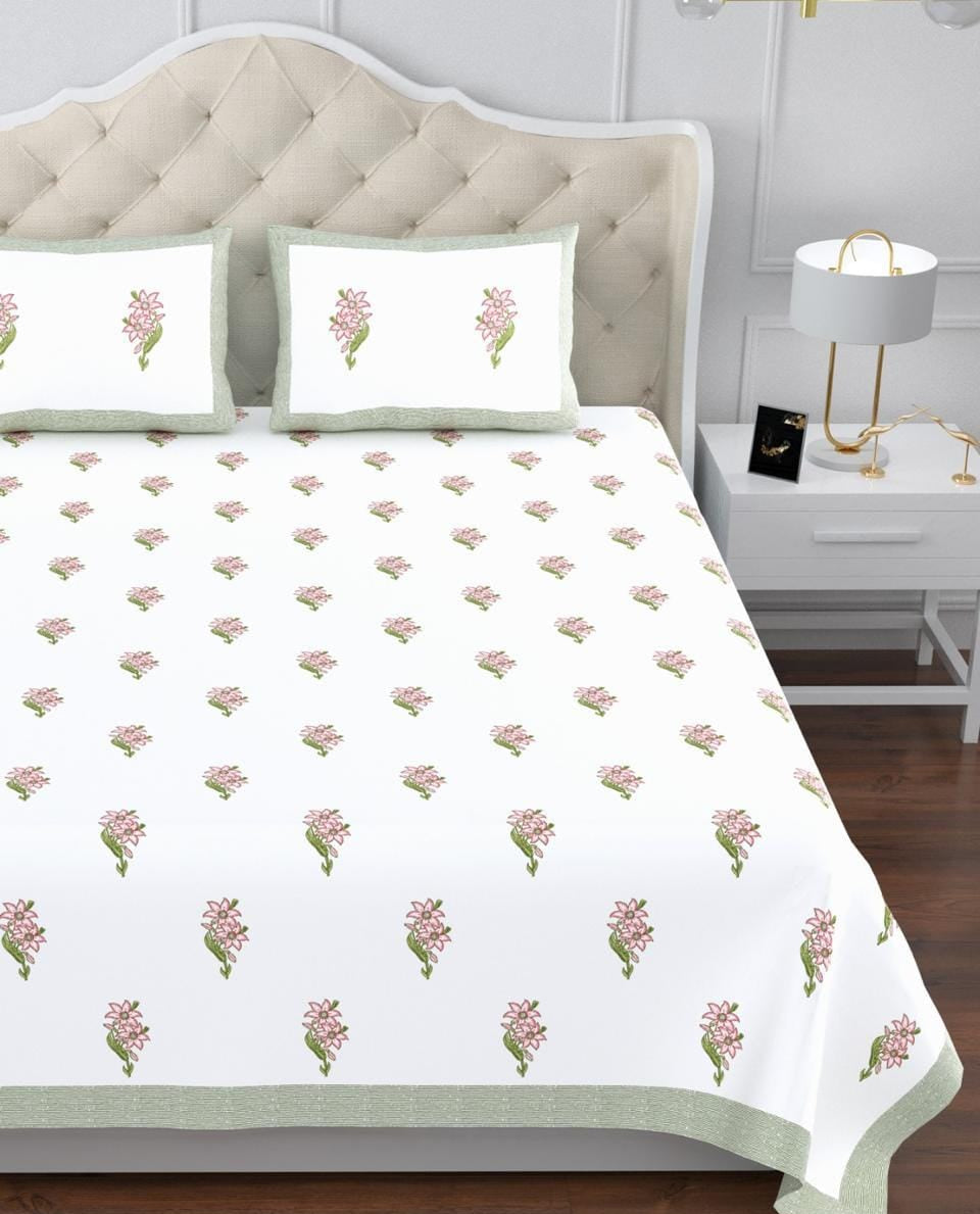 Sindoor King Size Cotton White Light Pink Floral Printed Premium Bed Sheet