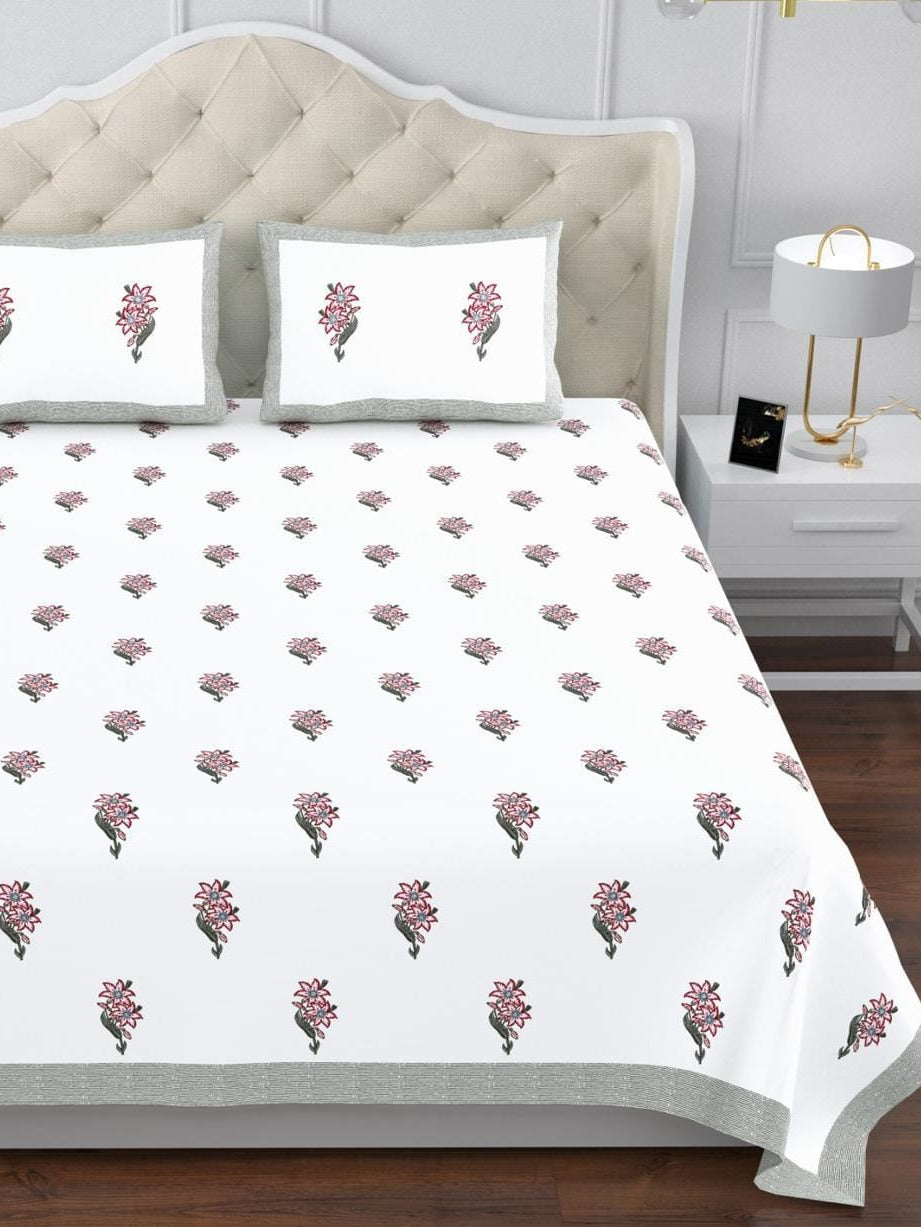 Sindoor King Size Cotton White Dark pink Floral Printed Premium Bed Sheet