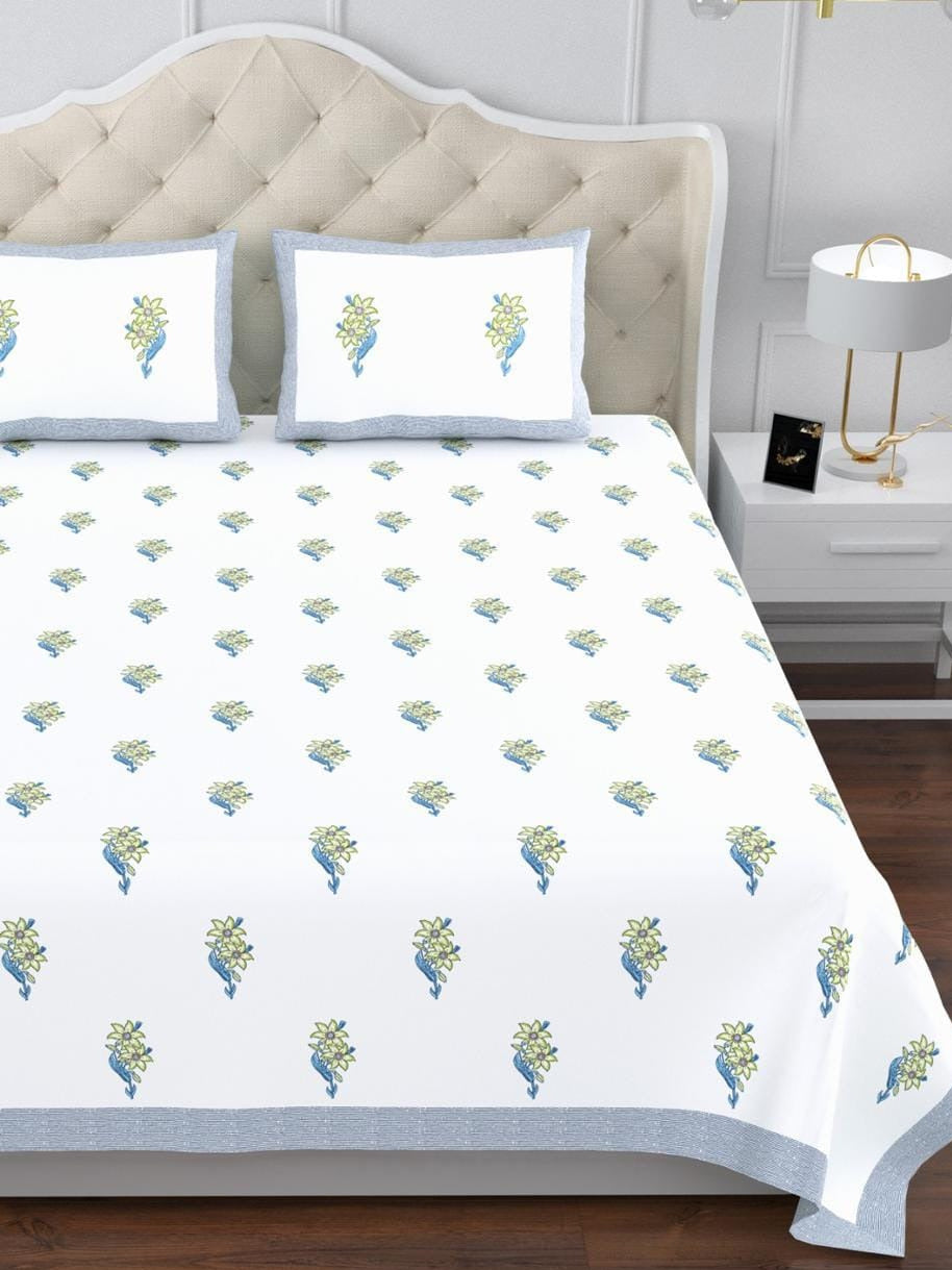 Sindoor King Size Cotton White Light Yellow Floral Printed Premium Bed Sheet