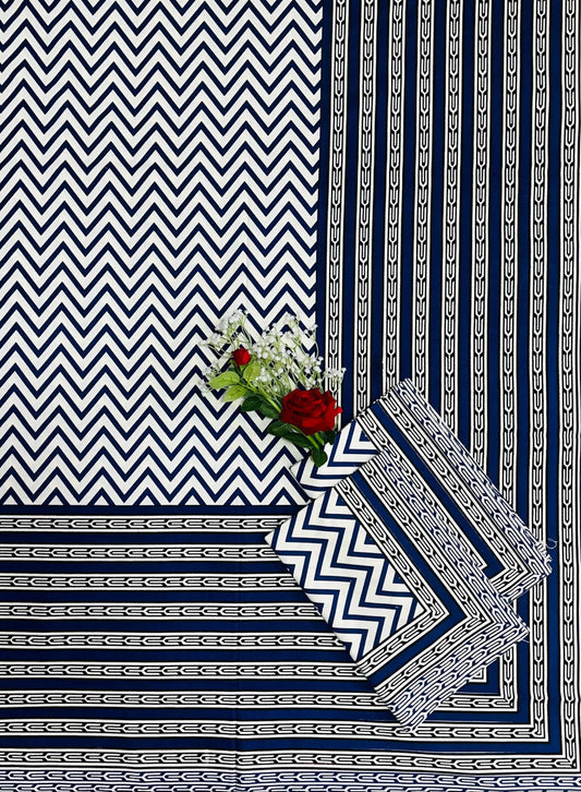 Alexa King Size Blue white Printed Bed Sheets with Pillow Covers