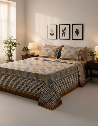 Alexa King Size Dark Yellow black Printed Bed Sheets with Pillow Covers