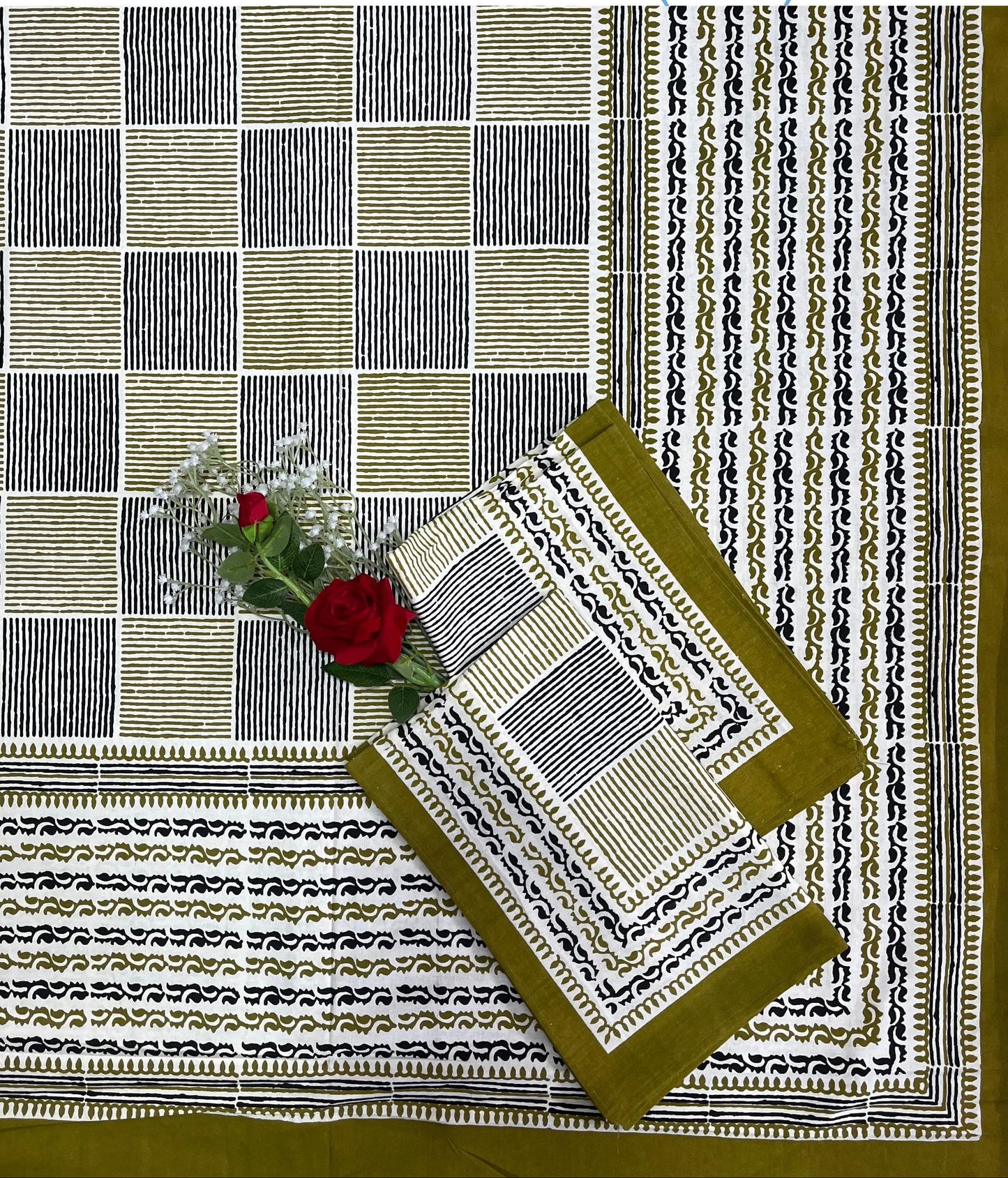 Alexa King Size Olive green and black Printed Bed Sheets with Pillow Covers