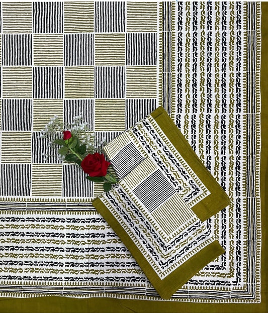 Alexa King Size Olive green and black Printed Bed Sheets with Pillow Covers