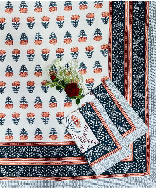 Alexa King Size Orange Blue Floral Beds Sheets with Pillow Covers