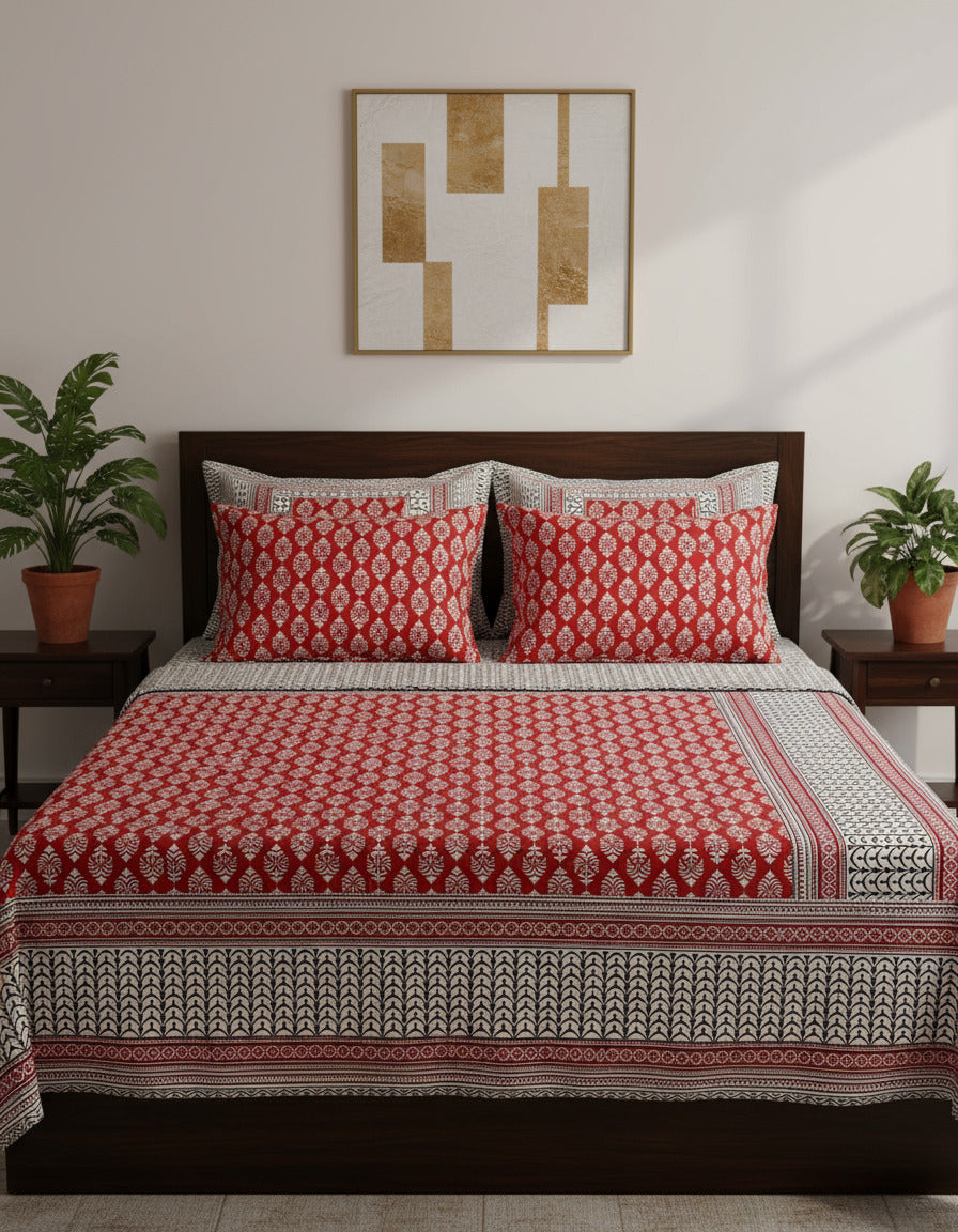 Red and white patterned fabric with floral arrangement on a matching red background