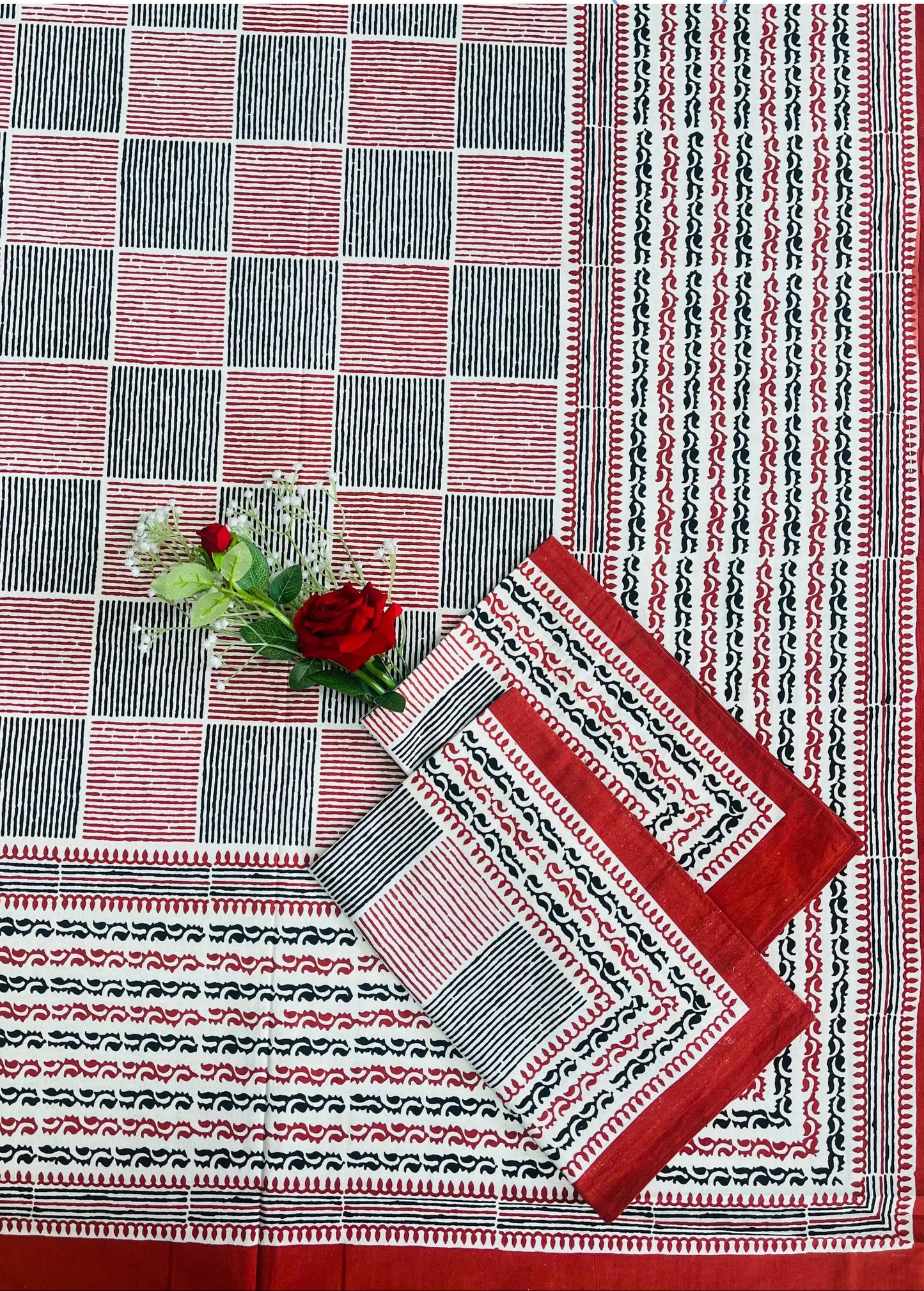 Alexa King Size Red Black Printed Bed Sheets with Pillow Covers