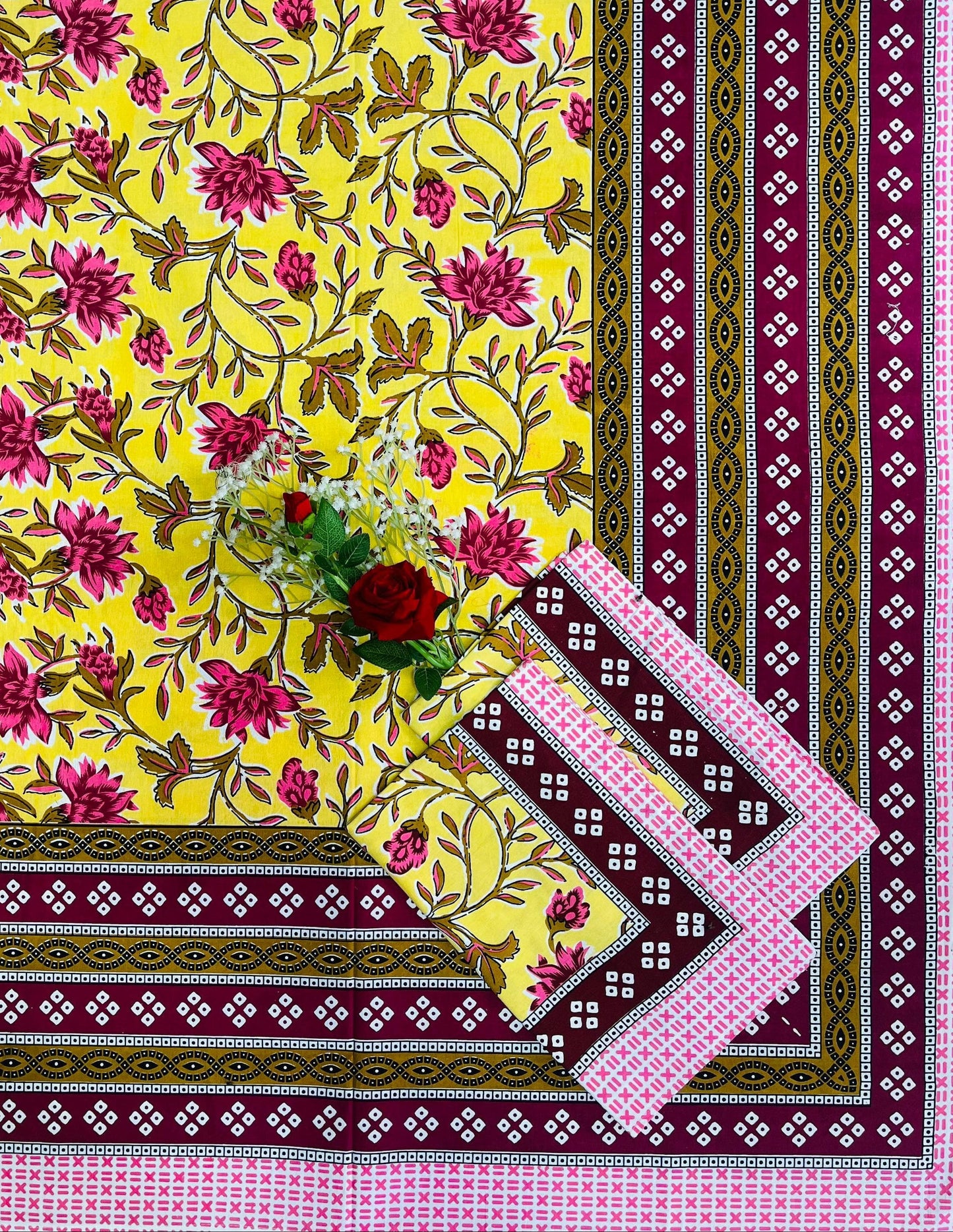 Alexa King Size Yellow Blue Printed Bed Sheets with Pillow Covers