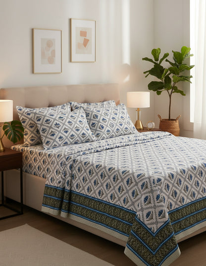 Alexa King Size Blue Green Printed Bed Sheets with Pillow Covers