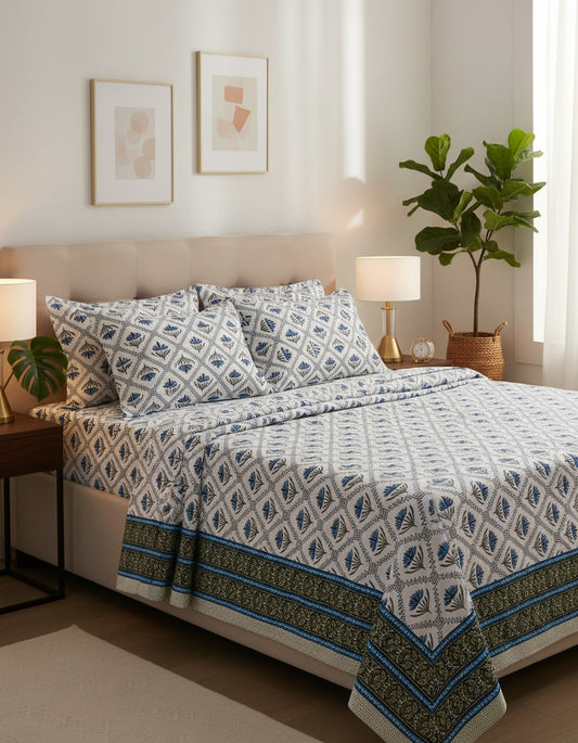 Alexa King Size Blue Green Printed Bed Sheets with Pillow Covers