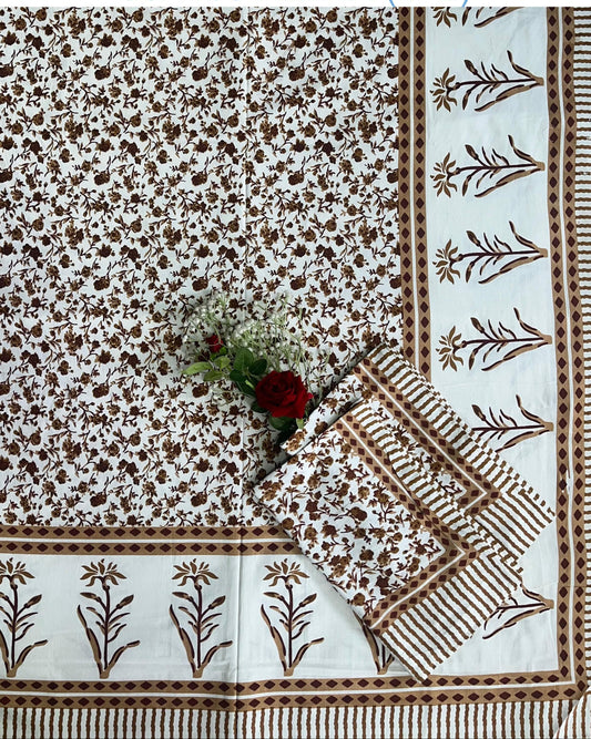 Alexa King Size Brown white Printed Bed Sheets with Pillow Covers