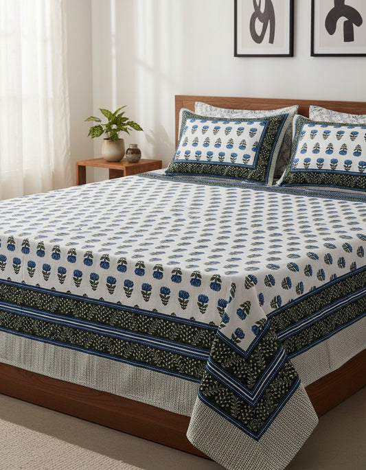 Alexa King Size Green Blue Printed Bed Sheets with Pillow Covers