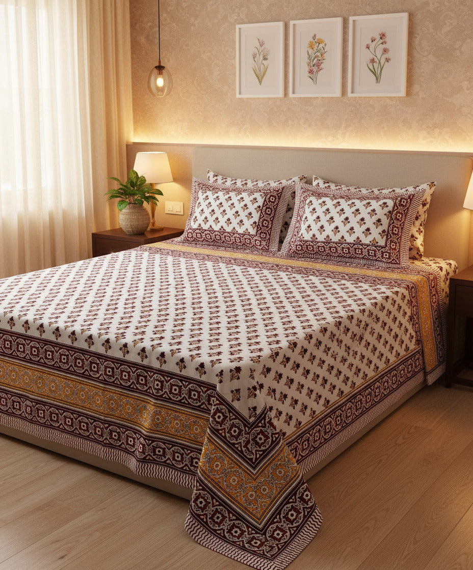 Alexa King Size Maroon Yellow Printed Bed Sheets with Pillow Covers