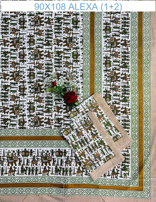 Alexa King Size Olive Green Brown Printed Bed Sheets with Pillow Covers