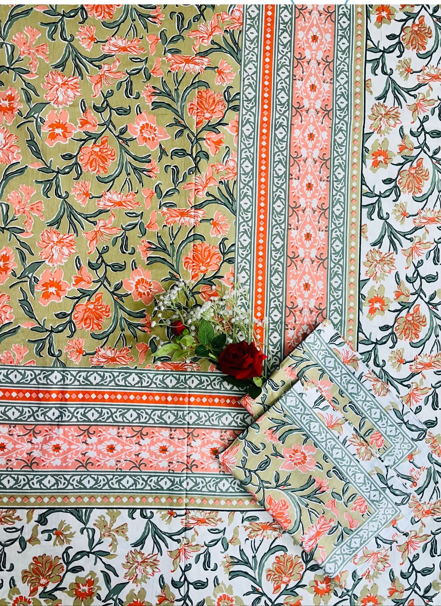 Alexa King Size Orange Green Printed Bed Sheets with Pillow Covers