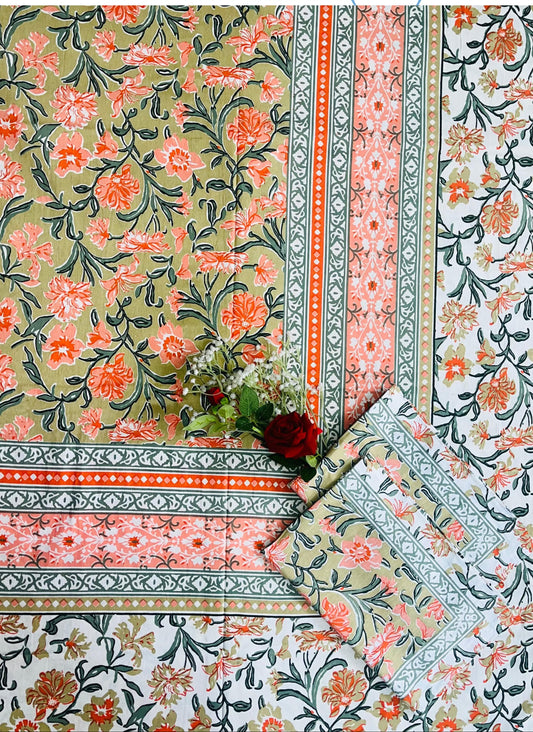 Alexa King Size Orange Green Printed Bed Sheets with Pillow Covers