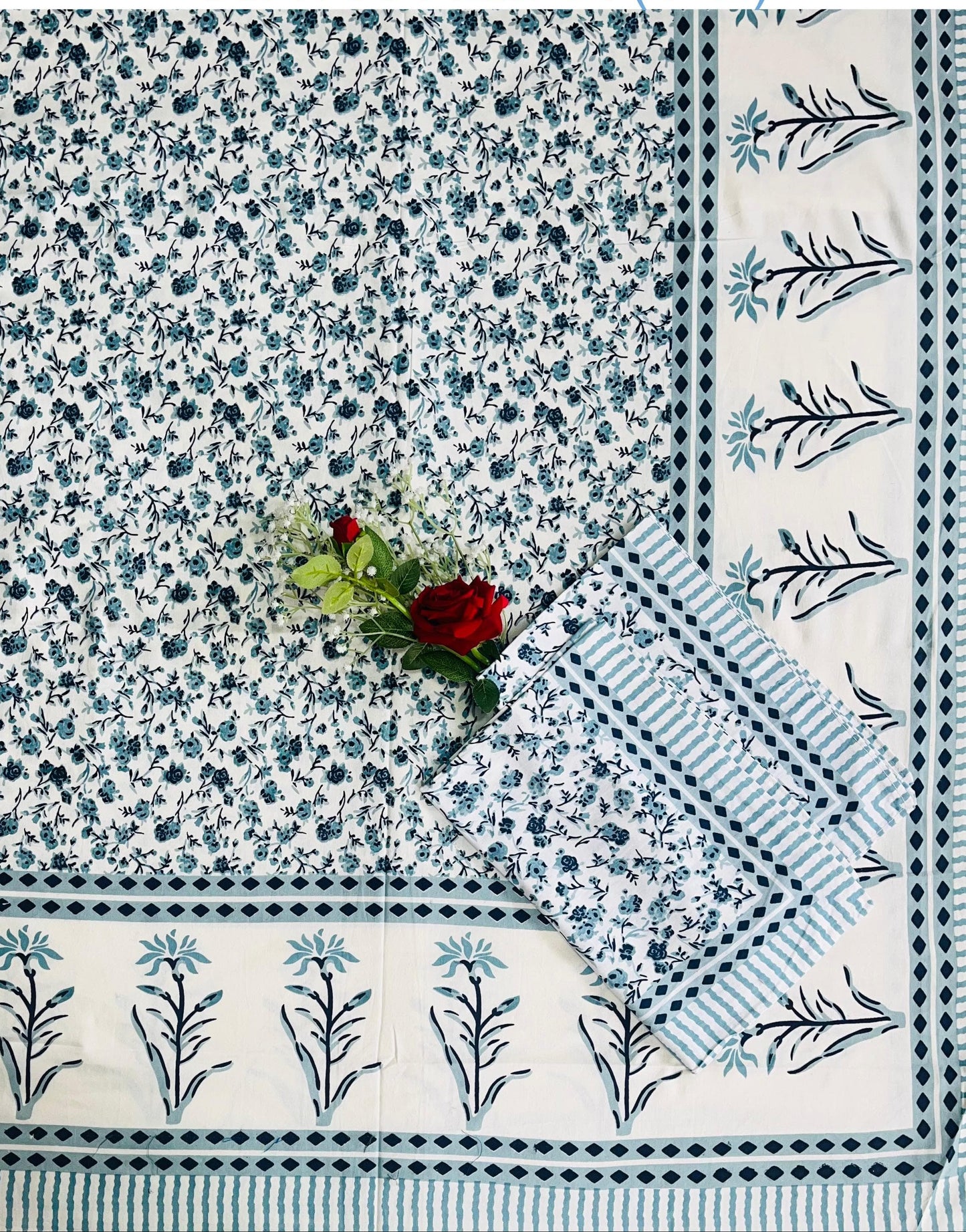 Alexa King Size sky blue white Printed Bed Sheets with Pillow Covers