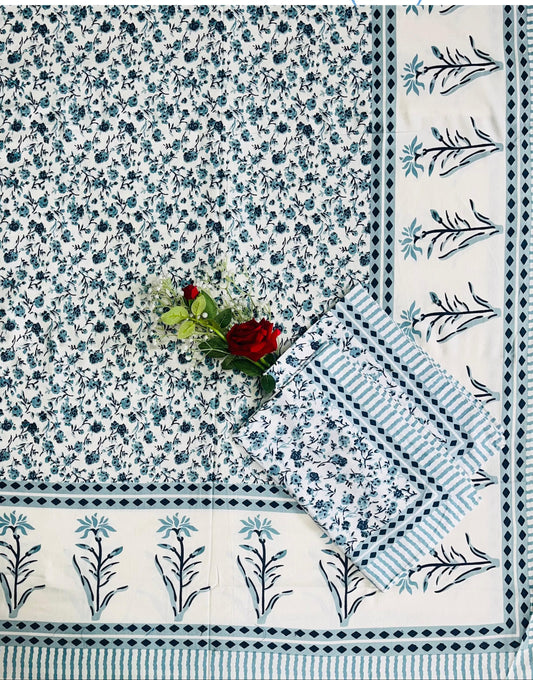 Alexa King Size sky blue white Printed Bed Sheets with Pillow Covers