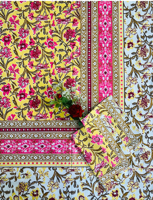 Alexa King Size Yellow and Pink Printed Bed Sheets with Pillow Covers