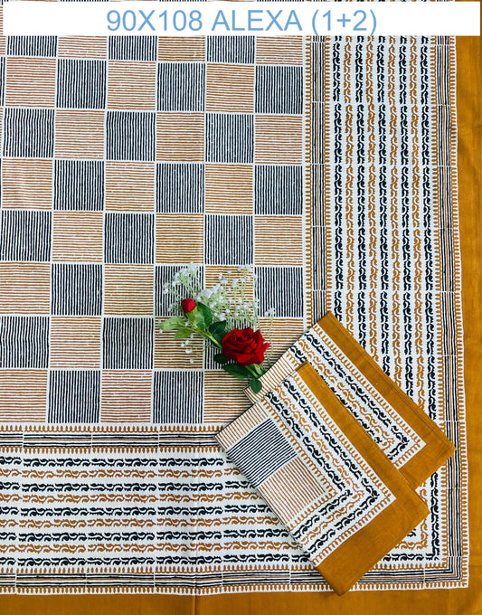 Alexa King Size Dark Yellow black Printed Bed Sheets with Pillow Covers