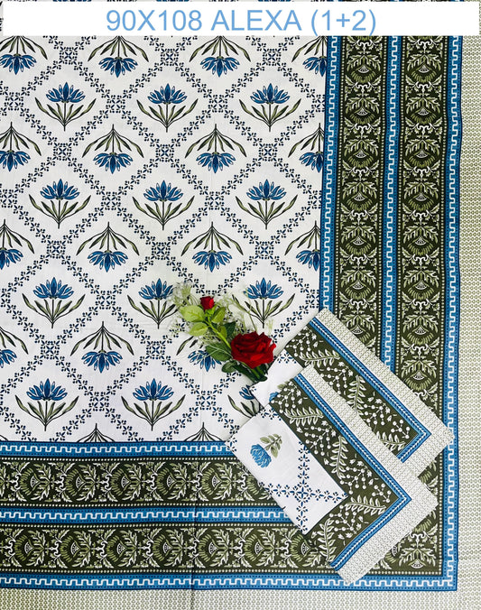 Alexa King Size Blue Green Printed Bed Sheets with Pillow Covers