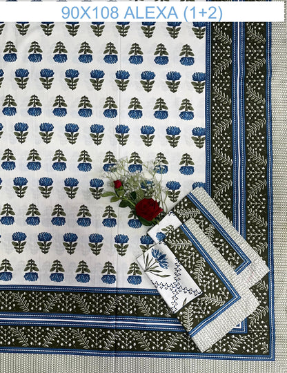 Alexa King Size Green Blue Printed Bed Sheets with Pillow Covers